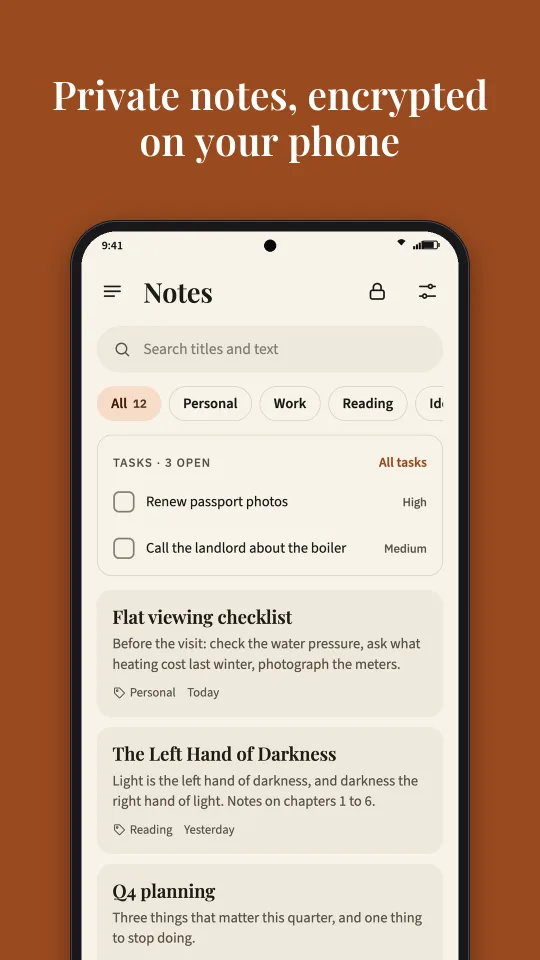Encly notes list: private notes, encrypted on your phone